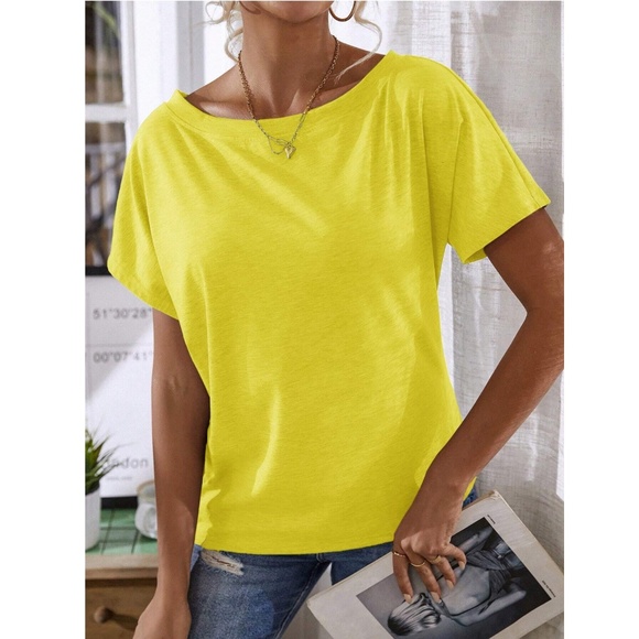 Boat Neck Batwing Sleeve Yellow Tee Shirt Short Sleeve - Picture 6 of 9